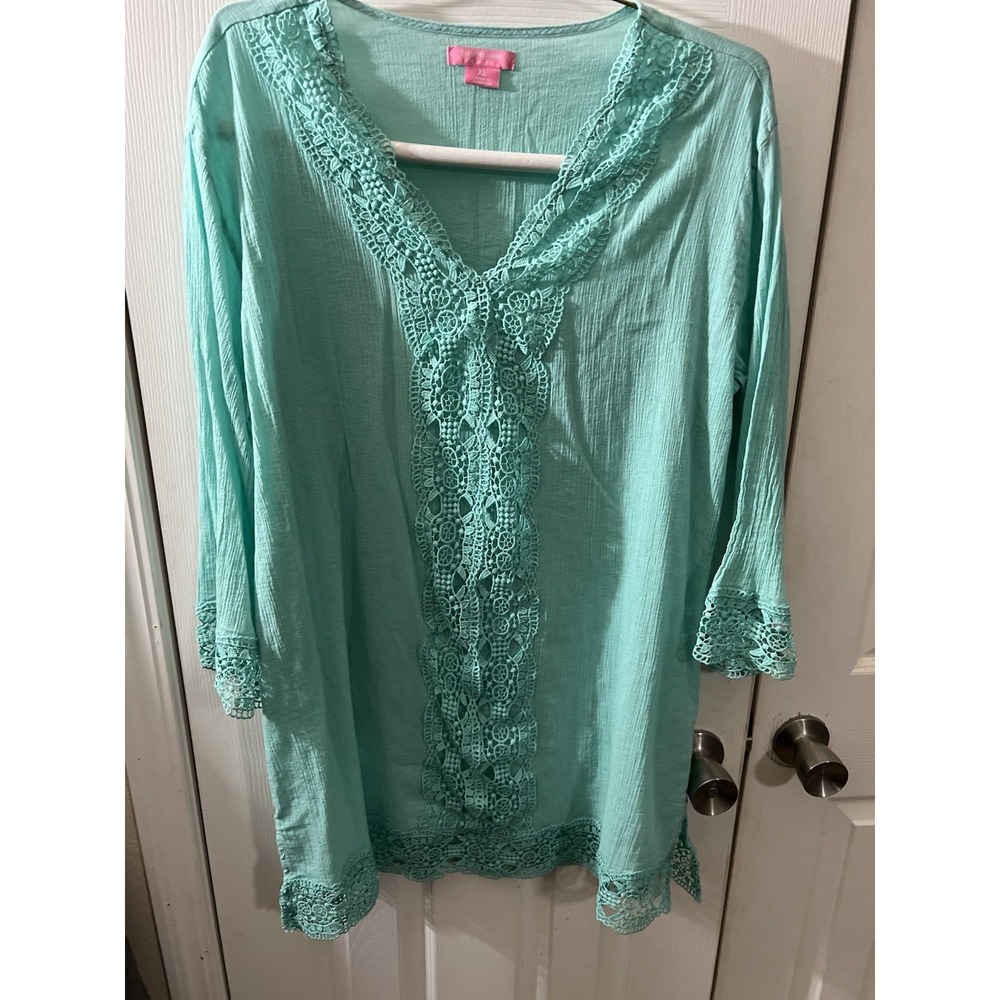 ISAAC MIZRAHI Daisy Gauze Swimsuit Coverup/Lace Trim/Aqua/Mint Size‎ XL
